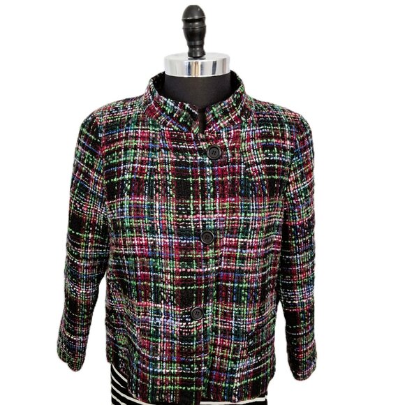 Talbots Sz 14 Petite Nehru Cropped Wool Blend Blazer Multi-Color Textured Tweed - Picture 10 of 14